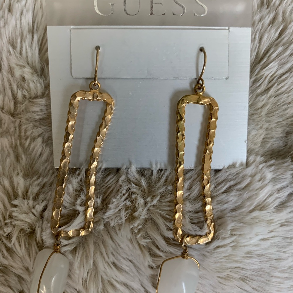 Guess Hammered Rectangular Gold Drop Earrings 2.5” Long
